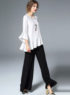 Brief White Flare Sleeve Blouse & Black Loose Flare Pants