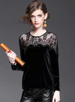 Sexy Lace Patch Velvet One-button T-shirt