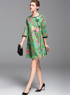 Green Vintage Floral Print Improved Cheongsam Shift Dress