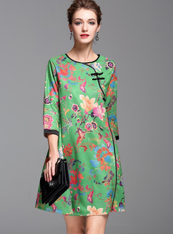 Green Vintage Floral Print Improved Cheongsam Shift Dress