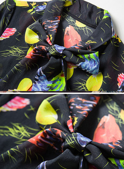 Mini Floral Print Tied-collar Silk Straight Dress