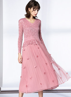 Elegant Lace Patch Hollow Out Long Dress