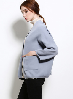 Brief Pure Color Pocket Patch Zip-up Knitted Cardigan