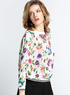 Elegant Flower Print Silk Pullover T-shirt
