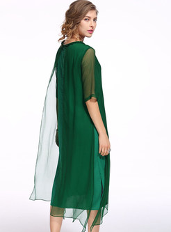 O-Neck Short Sleeve Asymmetric Silk Print Shift Dress