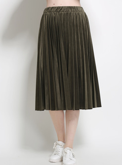 Chic Pleat Elastic Waist Solid Color Skirt