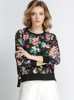 Vintage Floral Print Pullover Silk T-shirt