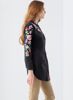 Black Flower Embroidery Single-breasted Blouse