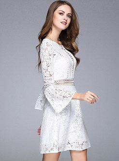 Sexy Hollow Out Lace Flare Sleeve Skater Dress