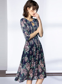 3/4 Sleeve Hollow Out Floral Print Skater Dress