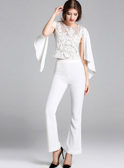 Slim Asymmetric Sleeve Embroidery Top & Casual Flare Pants