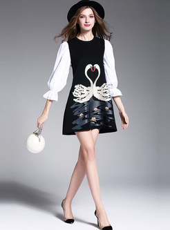 Sweet Flare Sleeve Hit Color Embroidery Patchwork Skater Dress
