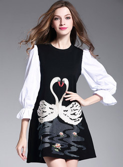 Sweet Flare Sleeve Hit Color Embroidery Patchwork Skater Dress