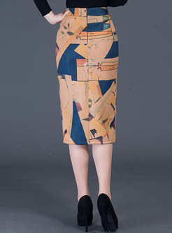High-Waist Hit Color Slit Slim Skirt