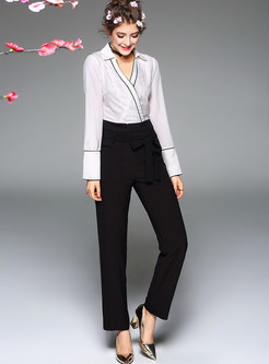 Brief Hit Color Turn Down Collar Jumpsuit