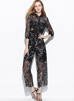 Sexy Nipped Waist See-through Print Jumpsuits