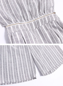 Stylish Nipped Waist Stripe Short Sleeve Jumpsuits