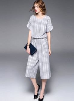 Stylish Nipped Waist Stripe Short Sleeve Jumpsuits