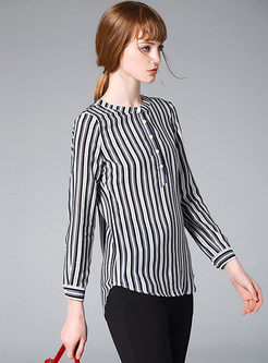 Stand Collar Striped Casual Silk Stylish T-Shirt