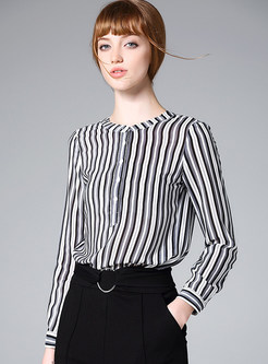Stand Collar Striped Casual Silk Stylish T-Shirt