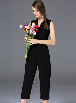 Sexy V-neck Sleeveless One-button OL Jumpsuits