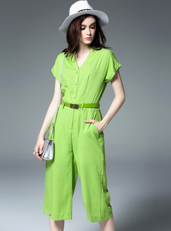 Chic V-neck Short Sleeve Calf-length Jumpsuits With Belt