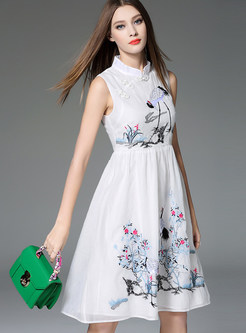 Ethnic Sleeveless Stand Collar Embroidery Skater Dress