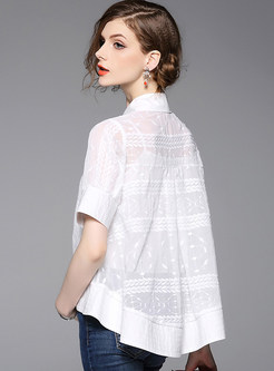 Turn Down Collar Loose White Asymmetric Embroidery Blouse