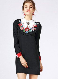 Sweet Embroidered Slim Hit Color Bodycon Dress