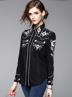 Turn Down Collar Embroidery Cardigan Blouse