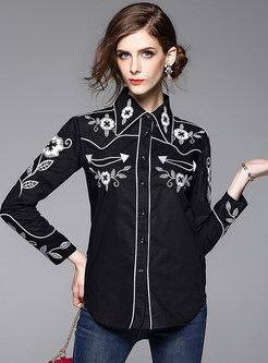 Turn Down Collar Embroidery Cardigan Blouse