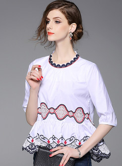 O-Neck Three Quarters Sleeve Embroidery Top