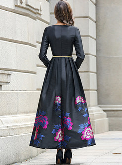 O-Neck High-Waist Pleated Print Slim Maxi Dress