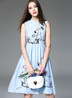 Ethnic Sleeveless Stand Collar Embroidery Skater Dress