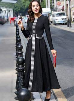 Patch Black A-Line Slim Pleated Elegant Maxi Dress