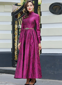 Stand Collar Pleated Slim Gown Ball Maxi Dress