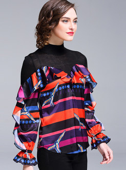Fashion Print Falbala Sleeve Turtle Neck T-Shirt