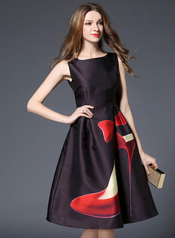 Elegant Sleeveless Print O-neck Skater Dress