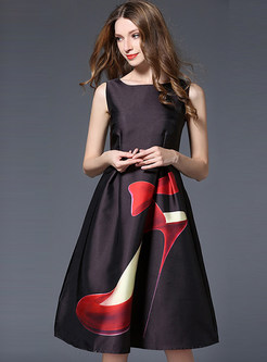 Elegant Sleeveless Print O-neck Skater Dress