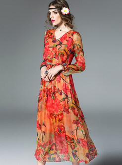 Bohemian V-neck Print High Waist Maxi Dress 