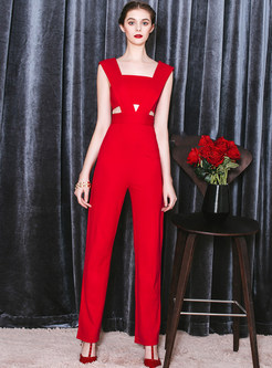 Sexy Sleeveless High-Waist Red Jumpsuit 