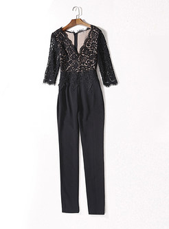 Sexy Lace Patch Half Sleeve Jumpsuit