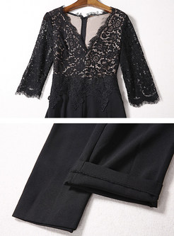 Sexy Lace Patch Half Sleeve Jumpsuit