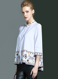 Brief Loose Embroidery 3/4 Sleeve Stand Collar Blouse