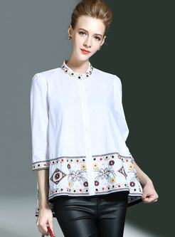 Brief Loose Embroidery 3/4 Sleeve Stand Collar Blouse