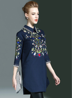 Brief Loose 3/4 Sleeve Embroidery Lapel Blouse