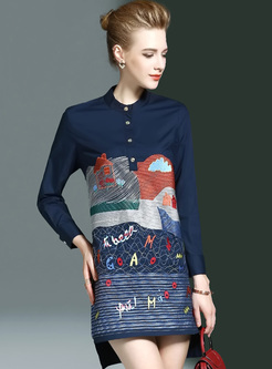 High-end Oversize Stand Collar Embroidery Shift Dress