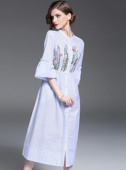 Brief Stand Collar Flare Sleeve Embroidery Skater Dress