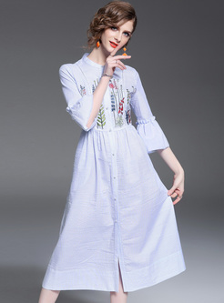 Brief Stand Collar Flare Sleeve Embroidery Skater Dress