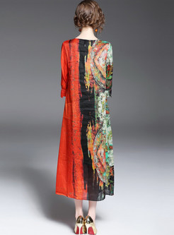 Chic 3/4 Sleeve Print Hit Color Maxi Dress